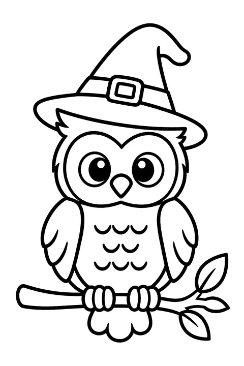 an owl wearing a witch hat on a branch coloring page