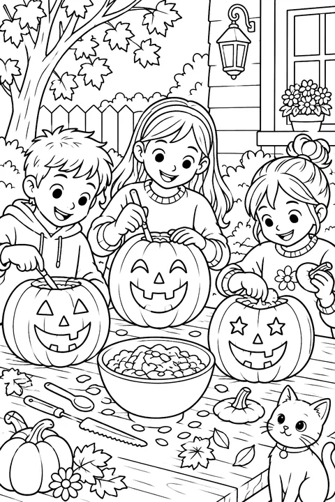 kids carving pumpkins at a table coloring page