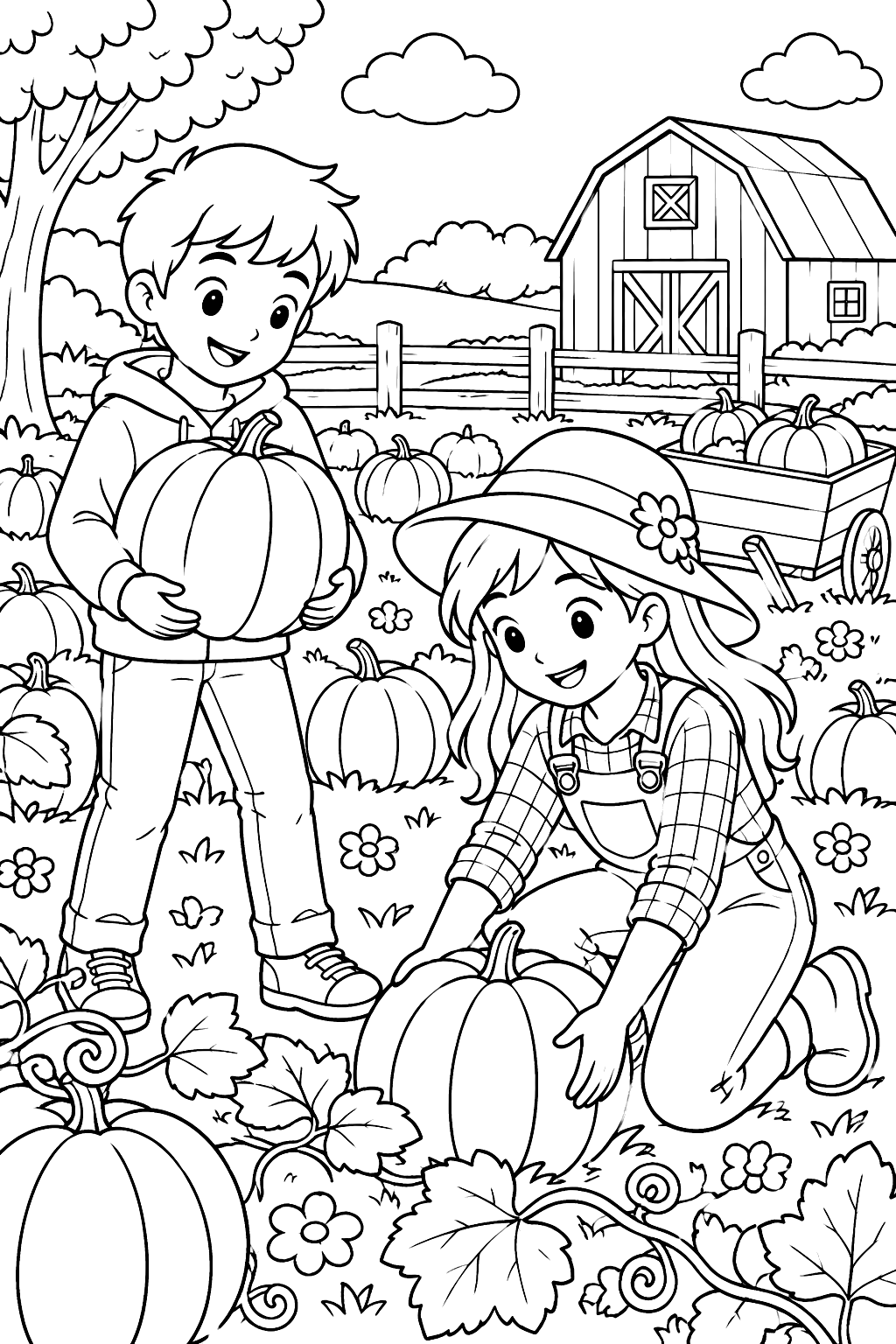 kids picking pumpkins in a pumpkin patch coloring page