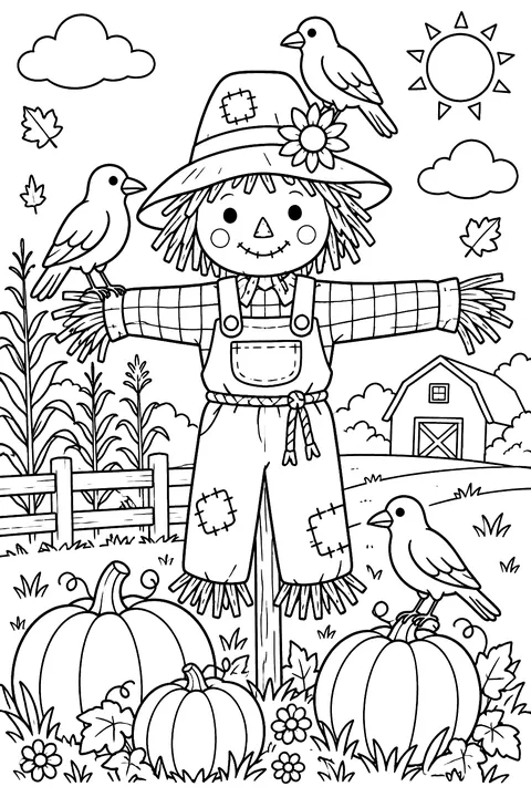 a scarecrow in a field with crows and pumpkins coloring page
