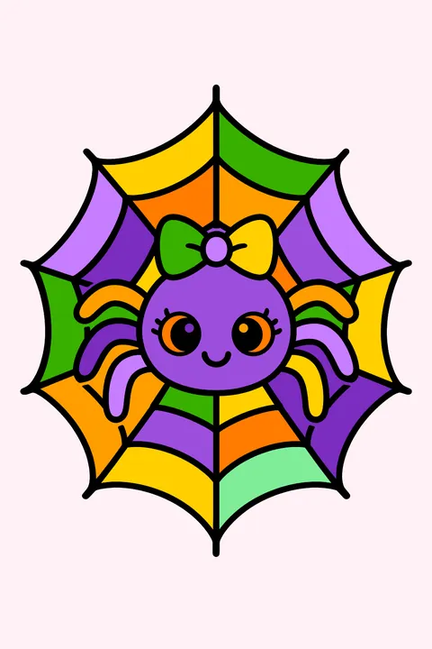 a cute spider on a web with a bow coloring page
