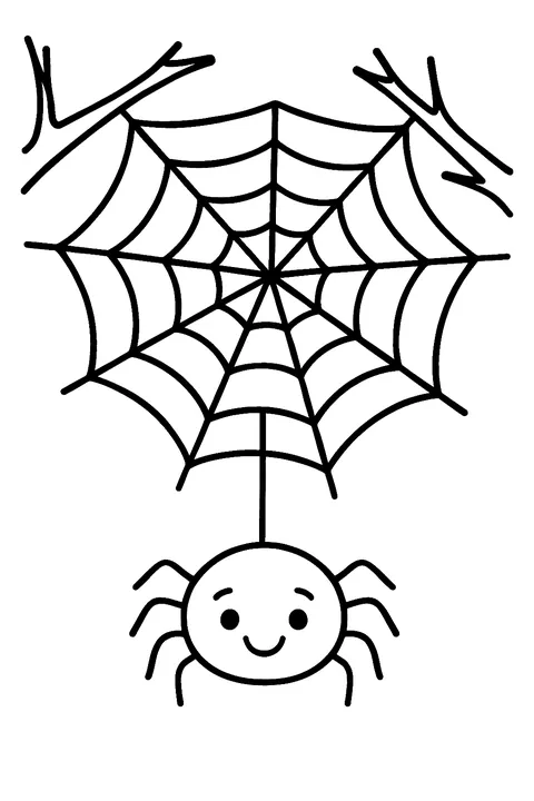 Cute spider hanging below a spider web between branches coloring page