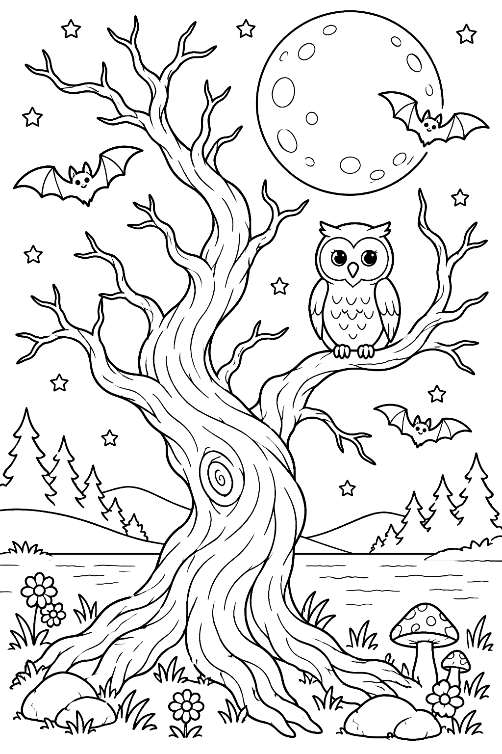 a twisted tree with bats, a full moon and an owl coloring page