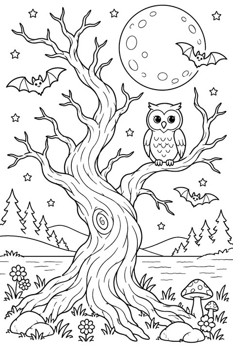 a twisted tree with bats, a full moon and an owl coloring page