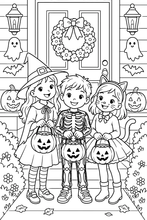 kids in costumes at a decorated front door coloring page