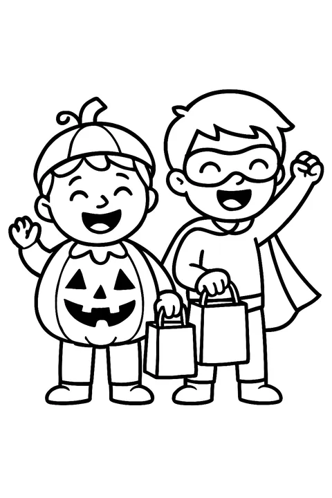 Two kids in Halloween costumes holding candy bags coloring page