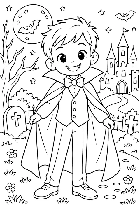 a cute kid dressed as a vampire with a cape coloring page