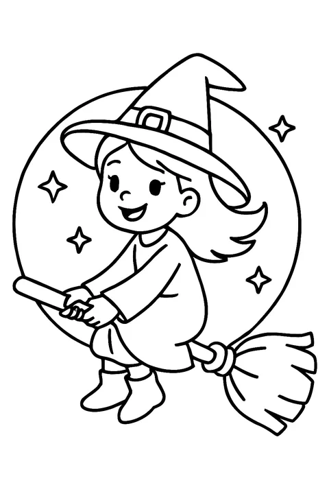 Young witch flying on a broomstick across a full moon coloring page