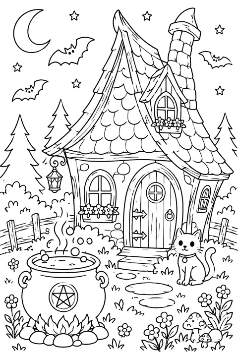 a crooked witch's cottage with a cauldron and bats coloring page