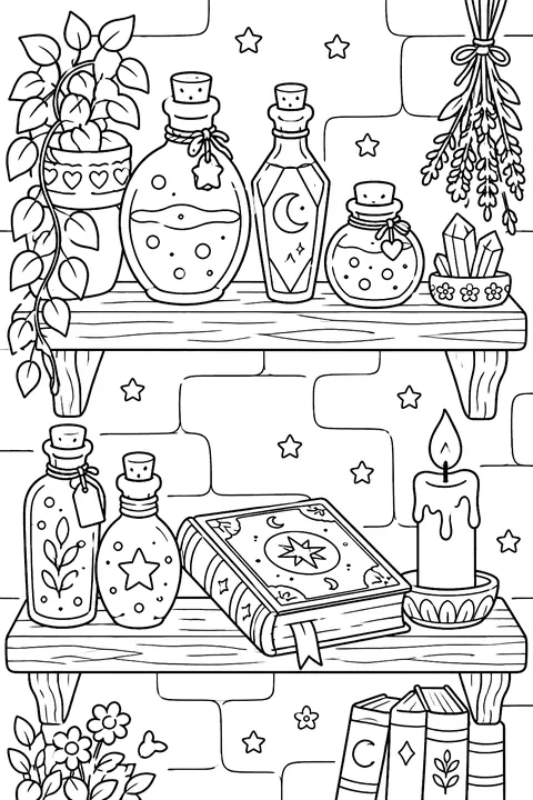 shelves with potion bottles, a book and a candle coloring page