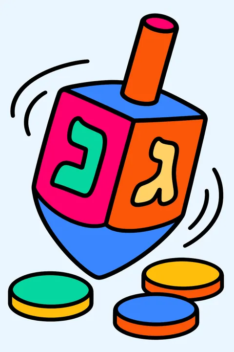 Big dreidel spinning on a table next to a few gelt coins coloring page