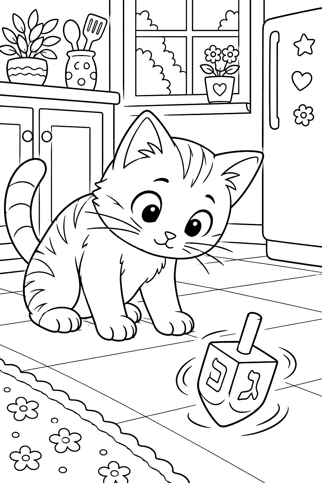 Curious cat watching a spinning dreidel on the kitchen floor coloring page