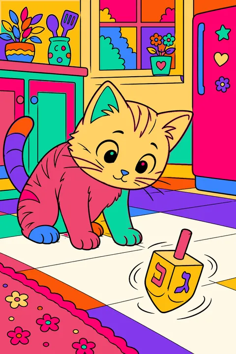 Curious cat watching a spinning dreidel on the kitchen floor coloring page