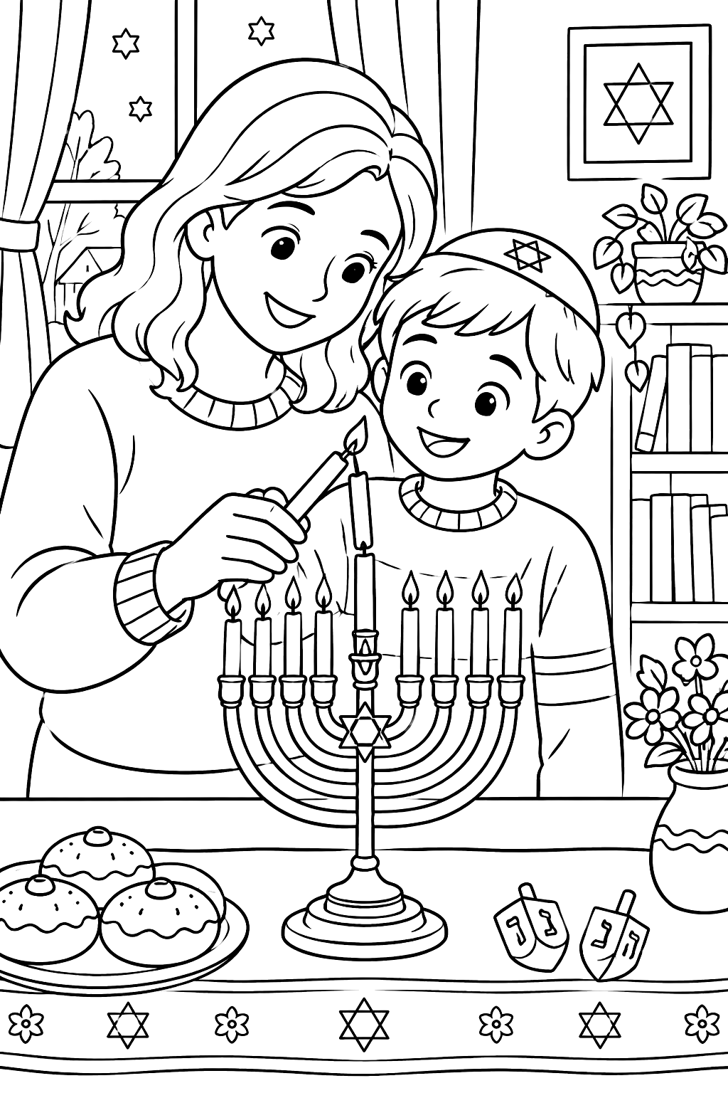 Child using the shamash candle to light the menorah with a parent helping coloring page