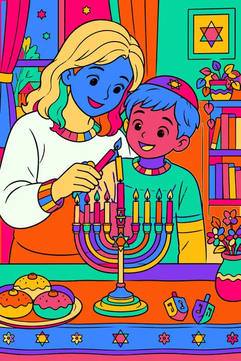Child using the shamash candle to light the menorah with a parent helping coloring page