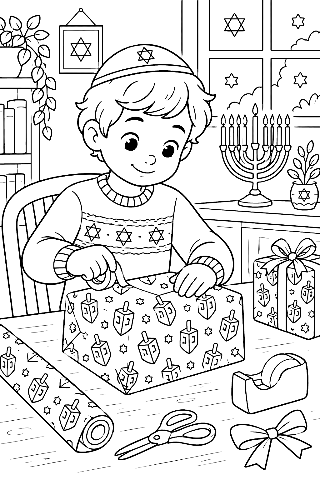 Child wrapping a hanukkah gift in dreidel-patterned paper at a table coloring page