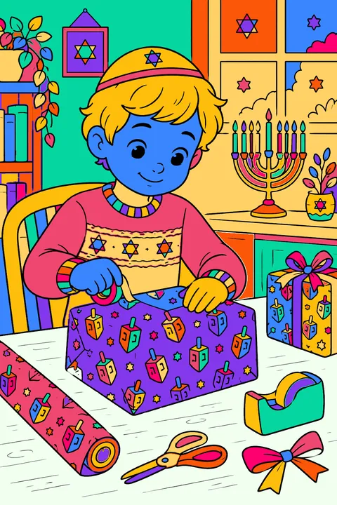 Child wrapping a hanukkah gift in dreidel-patterned paper at a table coloring page