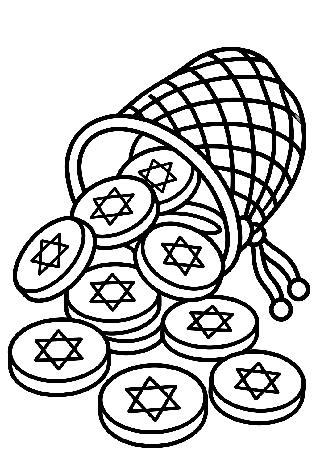 Pile of chocolate gelt coins spilling out of a little mesh bag coloring page