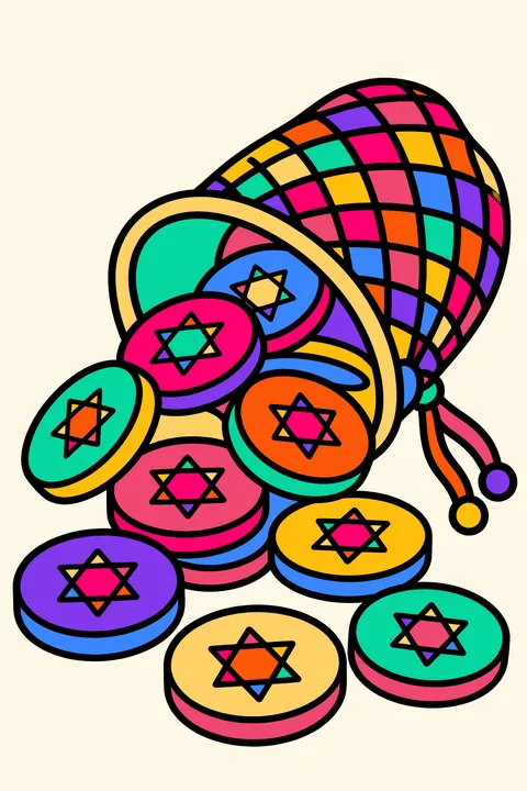 Pile of chocolate gelt coins spilling out of a little mesh bag coloring page