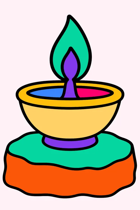 Small clay oil lamp with a single flame on a stone ledge coloring page