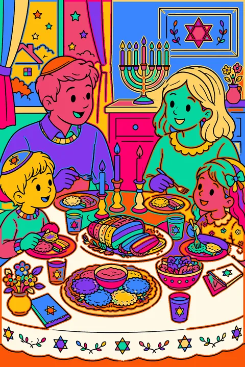 Family sharing a hanukkah dinner of latkes and brisket at a candlelit table coloring page