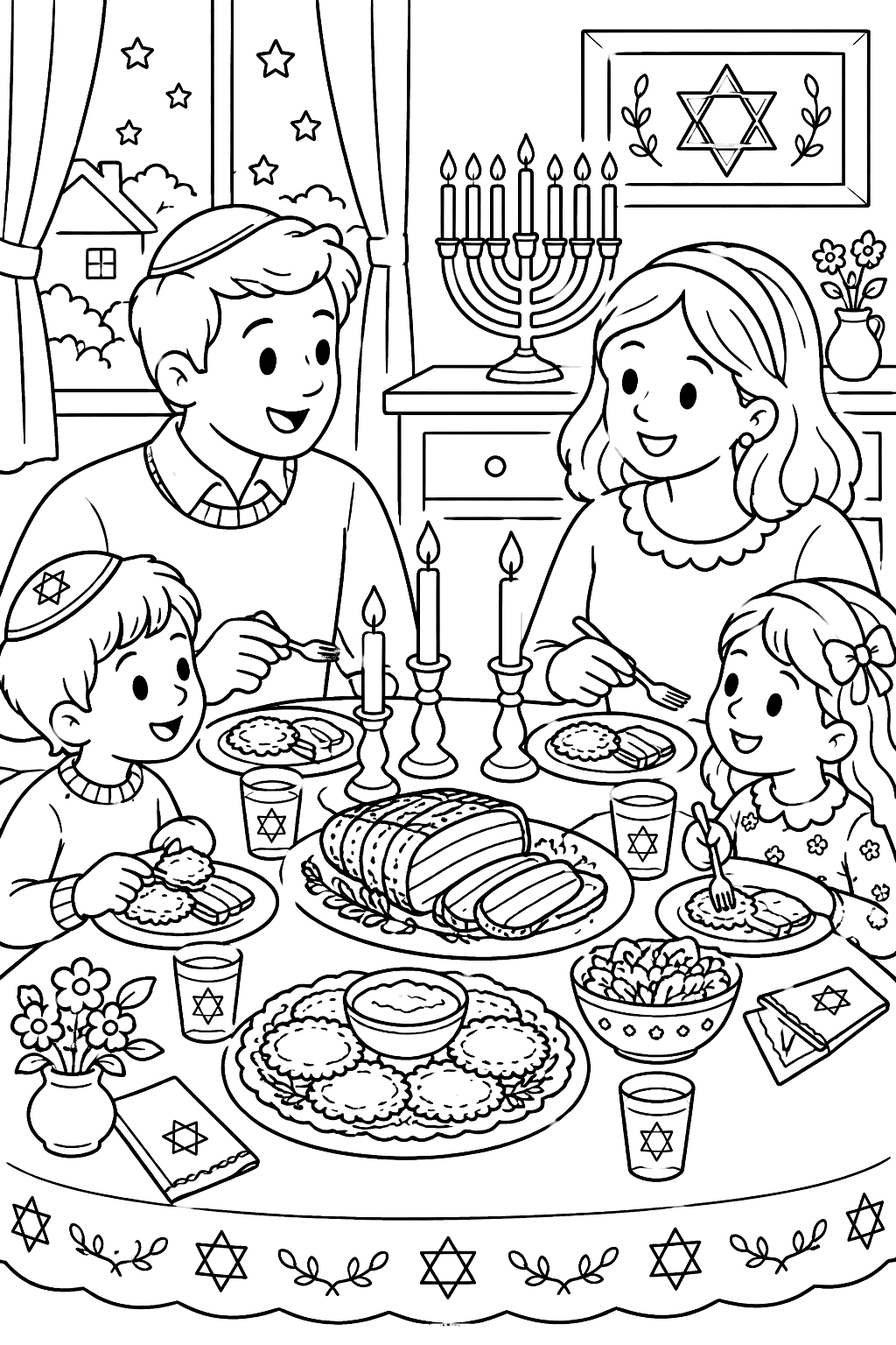 Family sharing a hanukkah dinner of latkes and brisket at a candlelit table coloring page