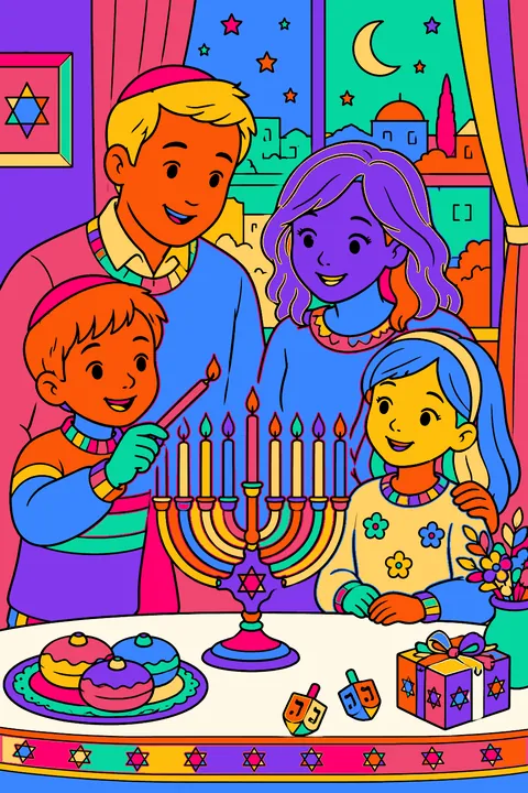 Family lighting the hanukkah menorah together by a window at night coloring page