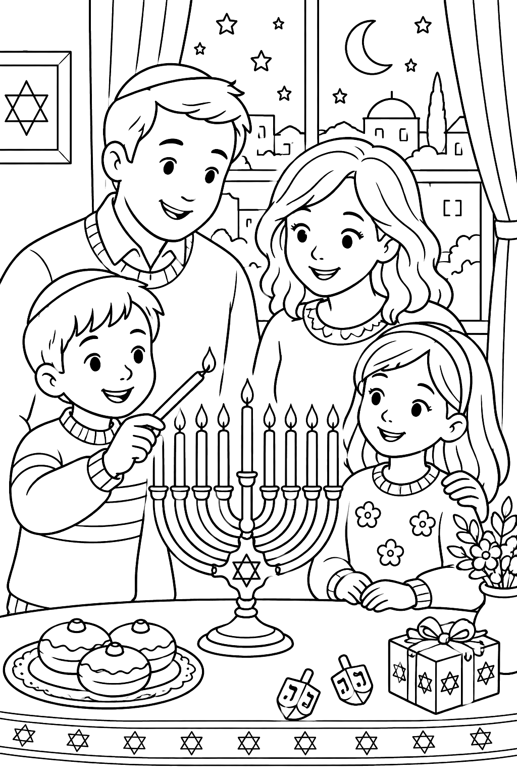 Family lighting the hanukkah menorah together by a window at night coloring page