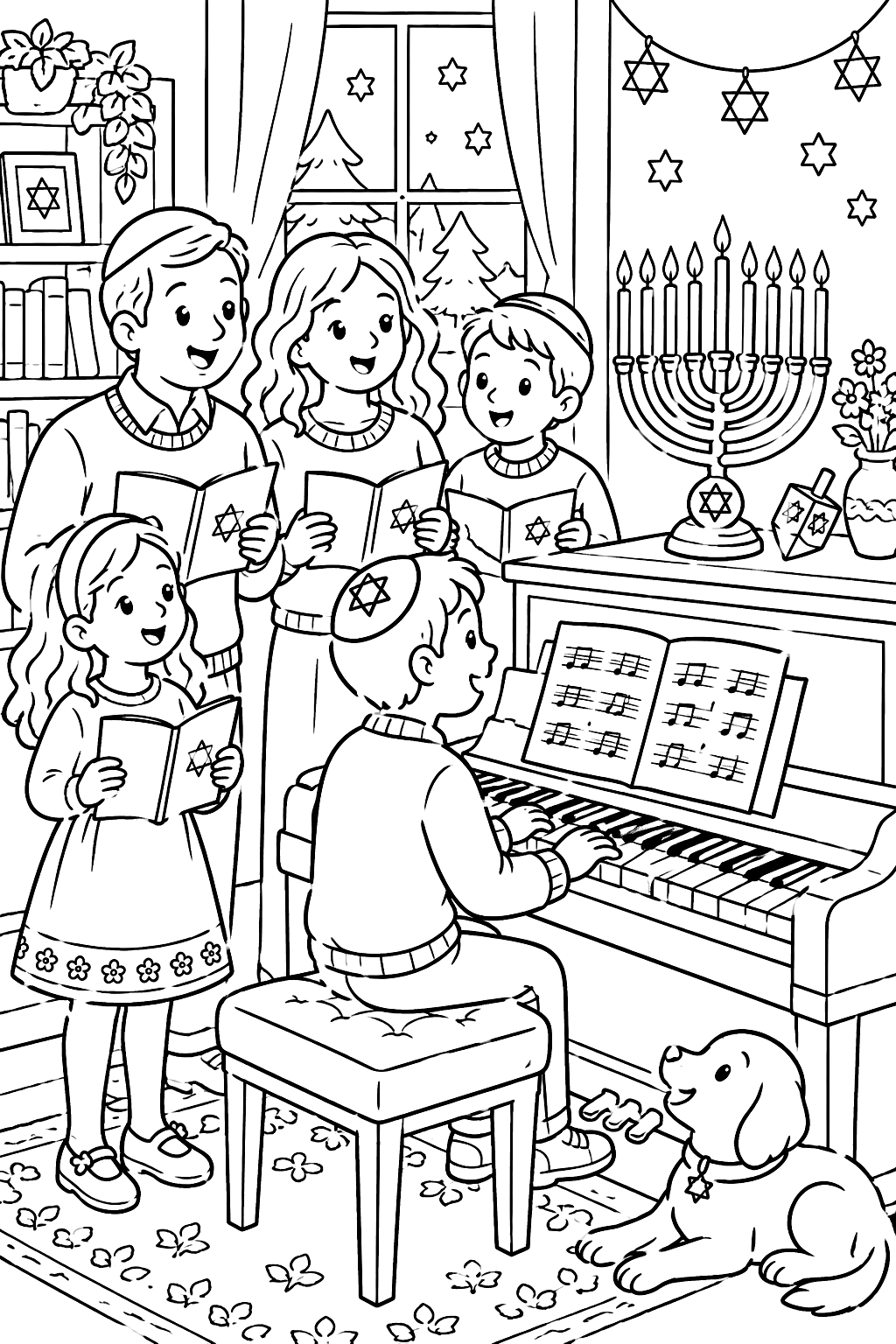 Family singing hanukkah songs around a piano near a glowing menorah coloring page