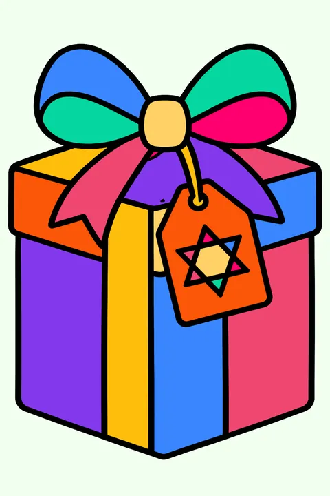 Gift box tied with a ribbon and a star of david tag coloring page