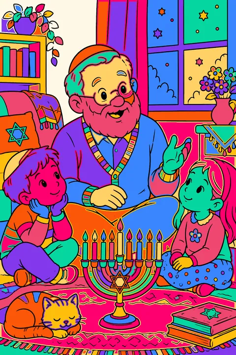 Grandfather telling a story to two grandchildren beside a lit menorah coloring page