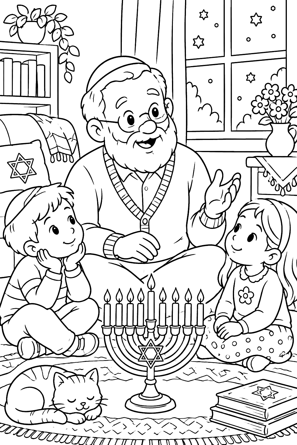 Grandfather telling a story to two grandchildren beside a lit menorah coloring page