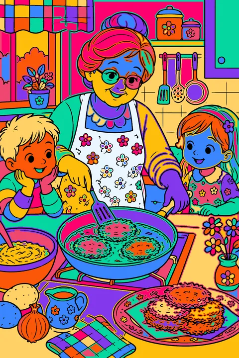 Grandmother frying latkes in a pan while two kids watch in the kitchen coloring page
