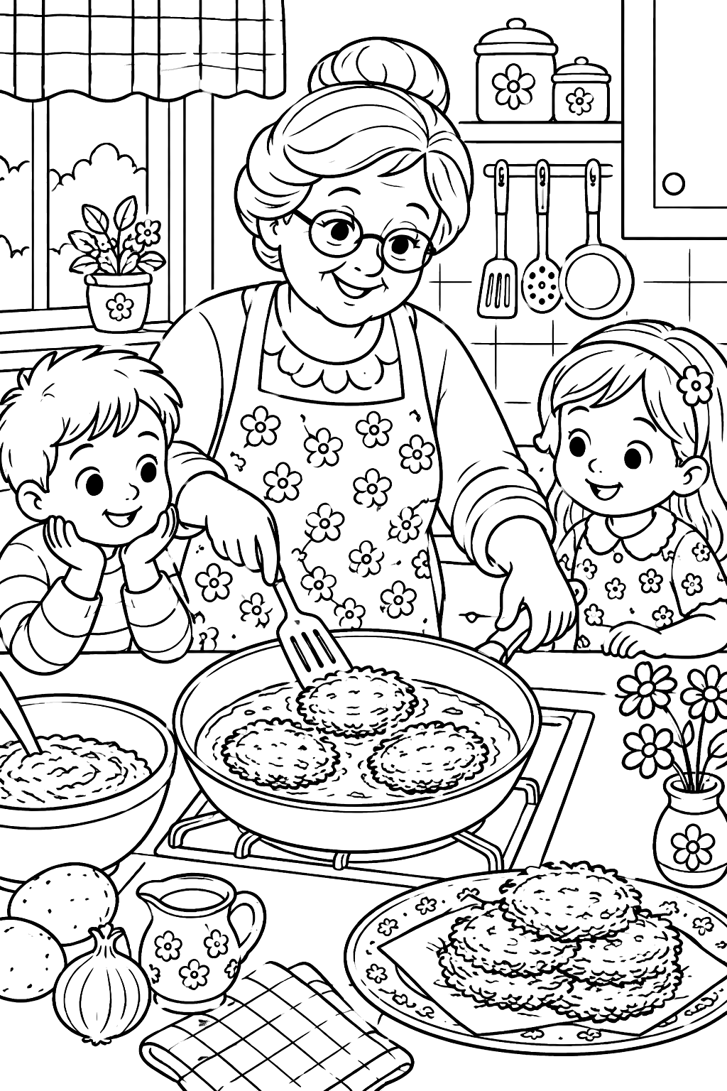 Grandmother frying latkes in a pan while two kids watch in the kitchen coloring page