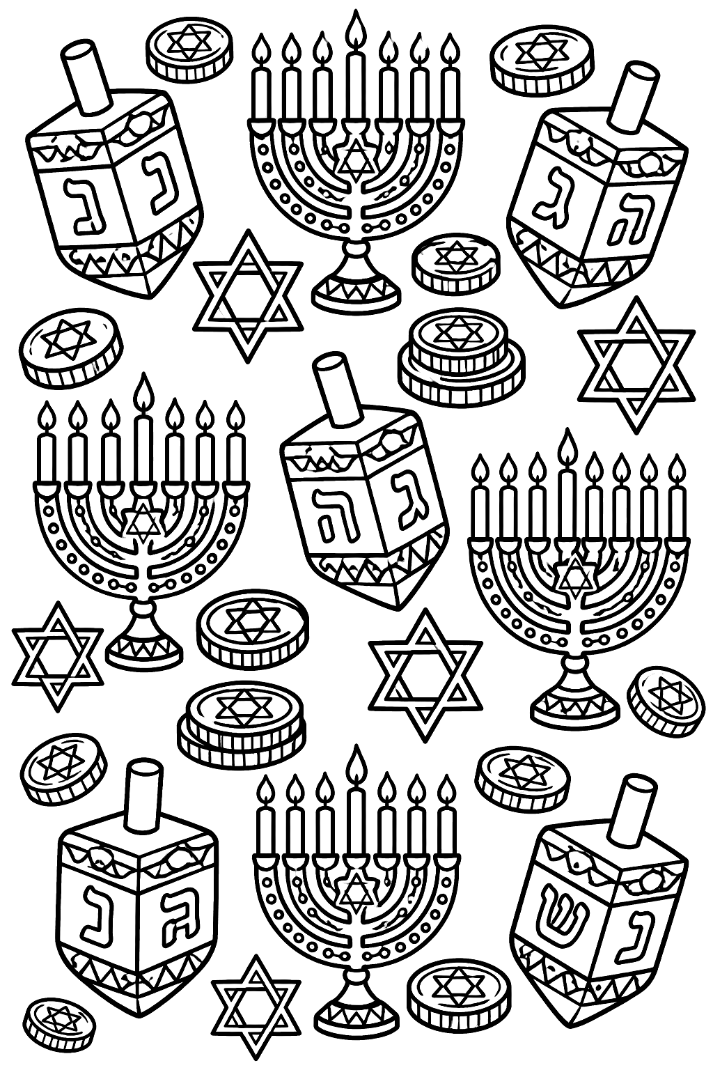 Hanukkah pattern page with dreidels, menorahs, stars and gelt in a tiled design coloring page