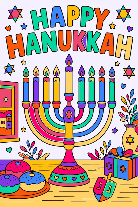 Big outline letters spelling happy hanukkah above a lit nine-branch menorah coloring page