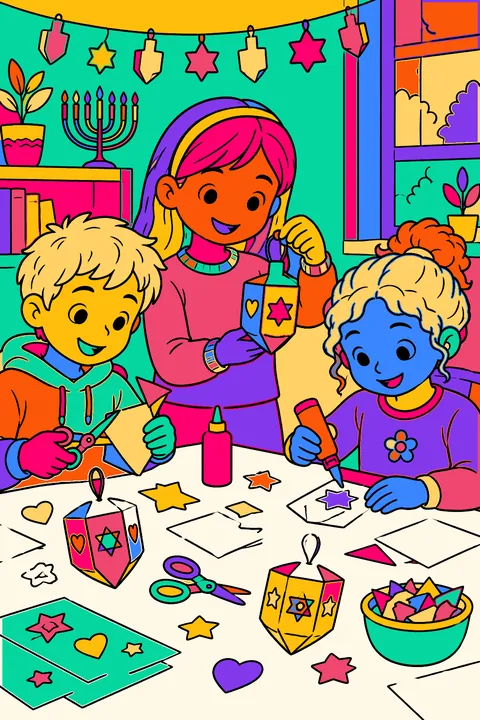 Kids making paper dreidel decorations with scissors and glue at a craft table coloring page