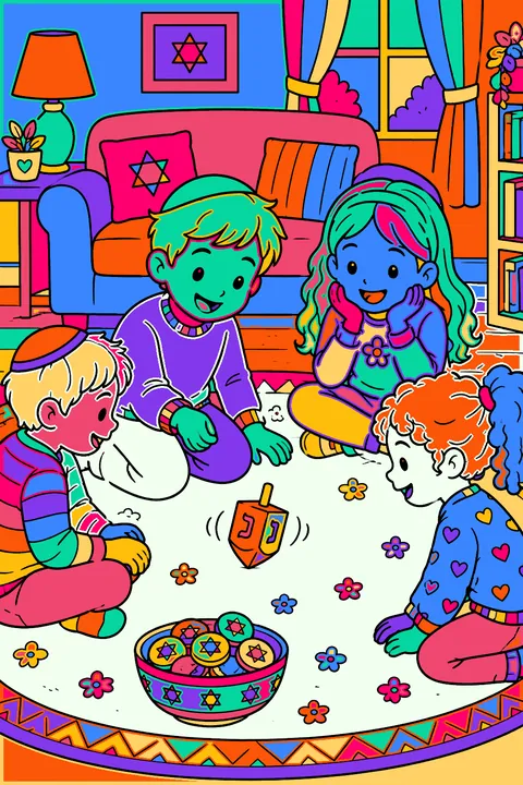 Kids playing dreidel on a living room rug with a bowl of gelt coloring page