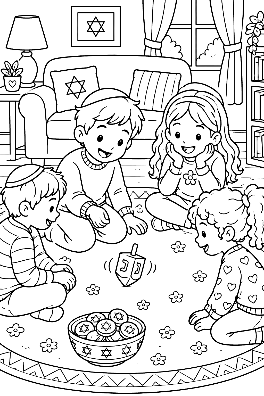 Kids playing dreidel on a living room rug with a bowl of gelt coloring page