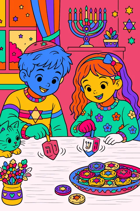 Kids spinning dreidels on a table beside a pile of chocolate gelt coloring page