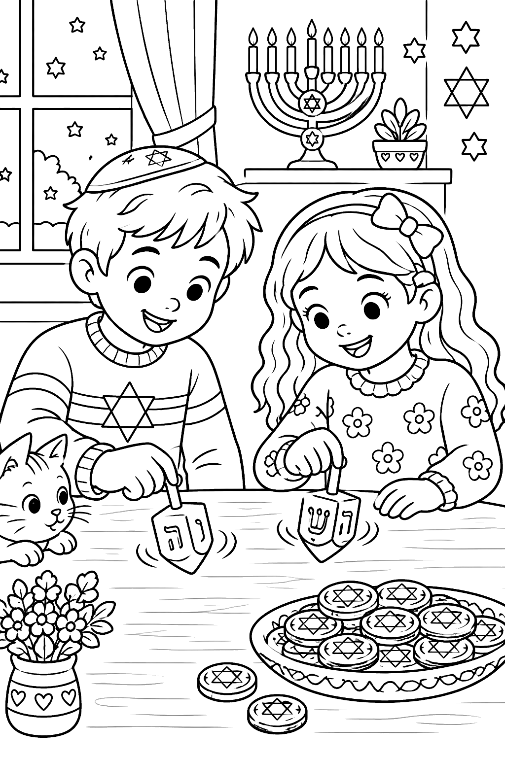 Kids spinning dreidels on a table beside a pile of chocolate gelt coloring page