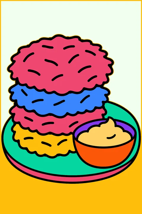 Stack of golden latkes on a plate with a bowl of applesauce coloring page