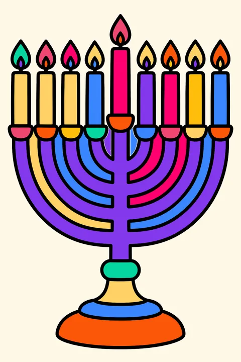 Menorah with nine branches and all candles lit on the last night coloring page