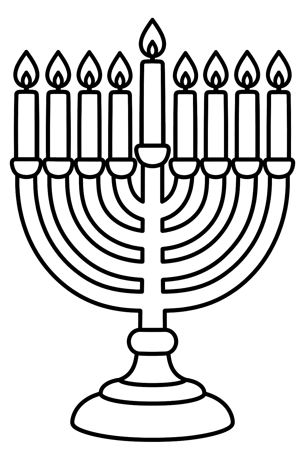 Menorah with nine branches and all candles lit on the last night coloring page