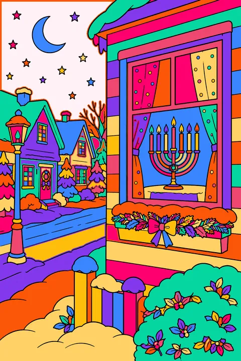 Menorah glowing in a window above a quiet snowy street at night coloring page