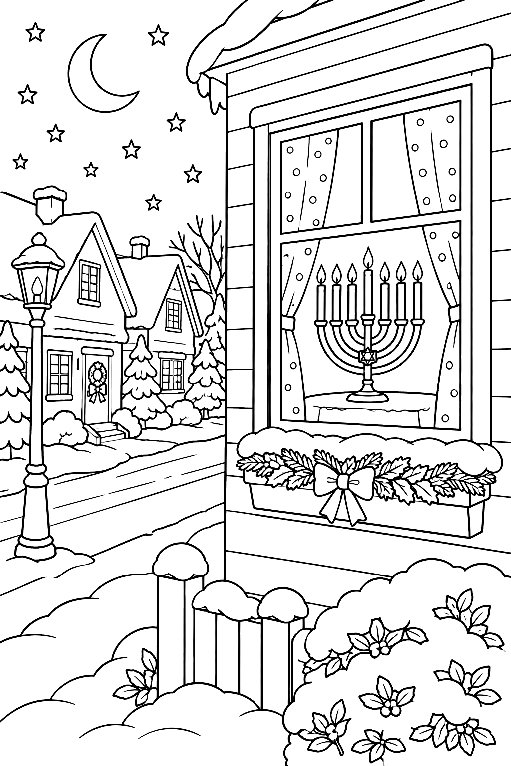 Menorah glowing in a window above a quiet snowy street at night coloring page