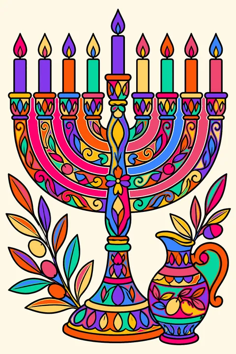 Ornate nine-branch menorah with filigree, olive leaves and a decorative oil jug coloring page