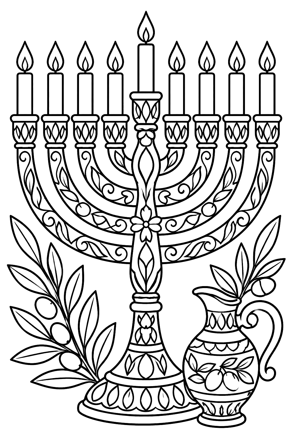 Ornate nine-branch menorah with filigree, olive leaves and a decorative oil jug coloring page