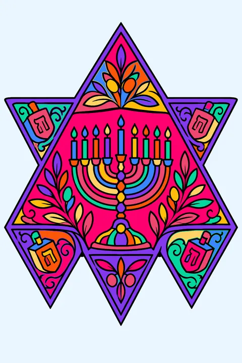 Star of david mandala with intricate menorah, dreidel and olive branch patterns coloring page
