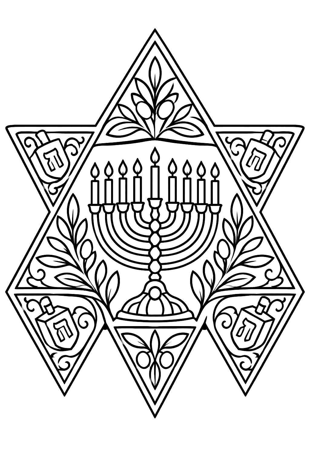 Star of david mandala with intricate menorah, dreidel and olive branch patterns coloring page
